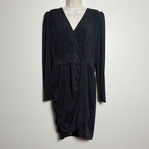 Alex Marie Womens Draped Wrap Mini Dress 14 Black Sparkle Cocktail Glitter Event